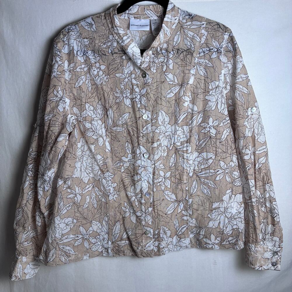 Alfred Dunner Womens 12 Sheer Floral Burnout Button Down Shirt Tan Coastal Chic